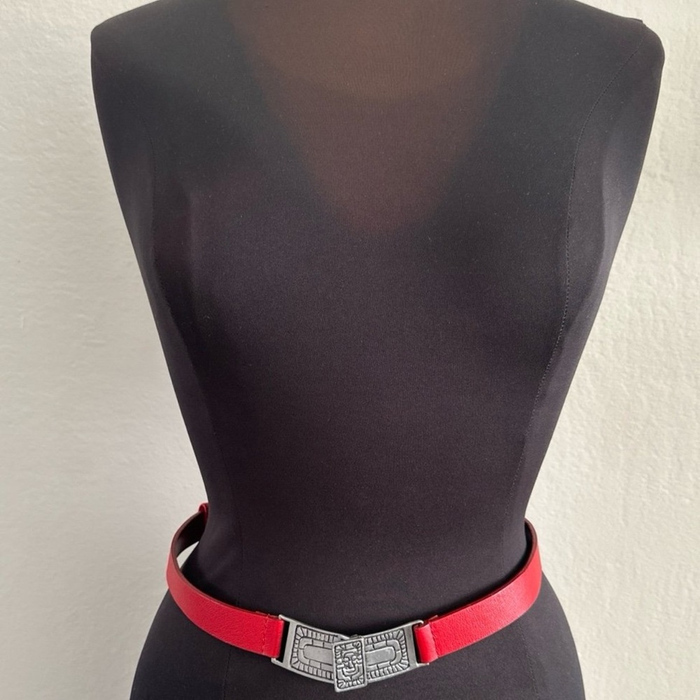 CHICO’S Vintage Cherry Red Leather Belt Pewter Buckle Aztec Adjustable